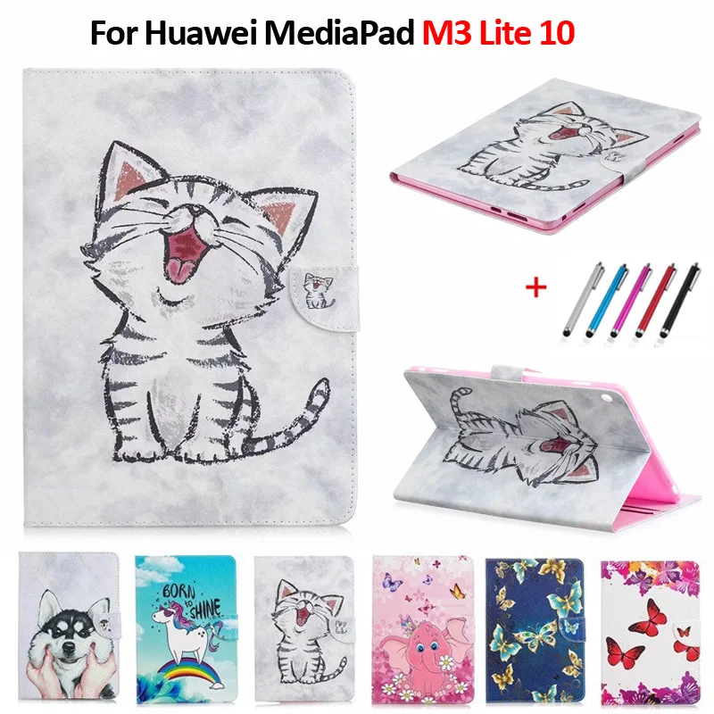 Cute Cat Unicorn Puppy Butterfly Tablet Cover Funda For Huawei Mediapad M3 Lite 10 Case Stand Wallet Case For M3 Lite 10.1 inch