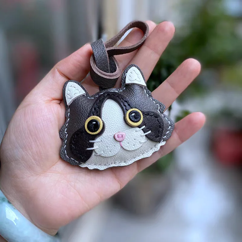 

Lovely Kitten Genuine Leather Bag Charm Schnauzer Keychain Cute Puppy Animal Hanger Dog Fashion Bag Pendant Bags Ornament