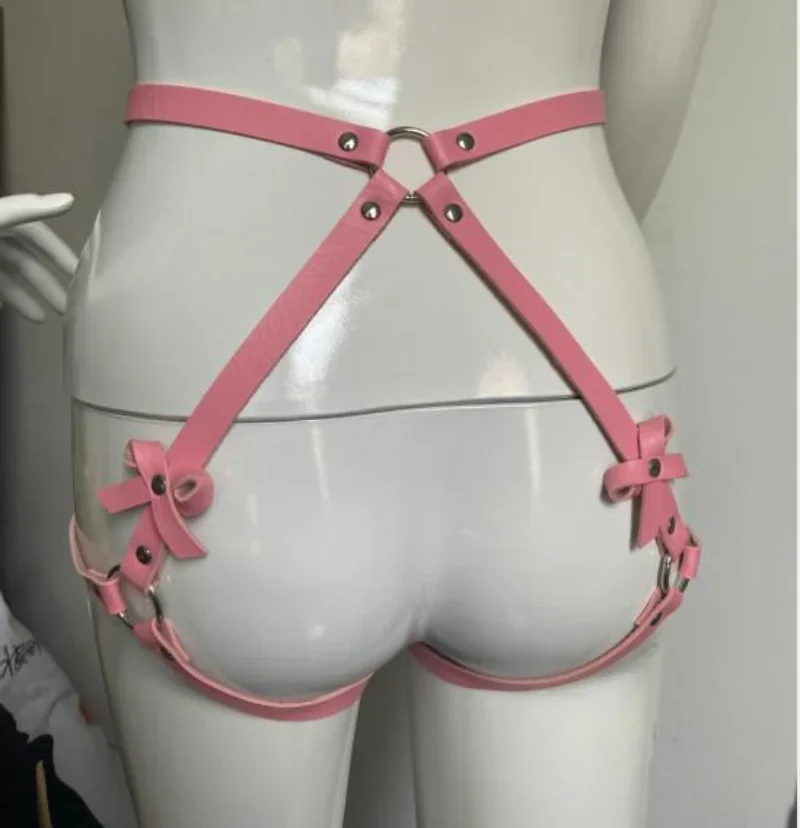 Sexy Leather Garter Belt Tied Panties Open Crotch Lingerie Hollow Out Fetish Women Underwear Exotic Sex Costume Handcuffs