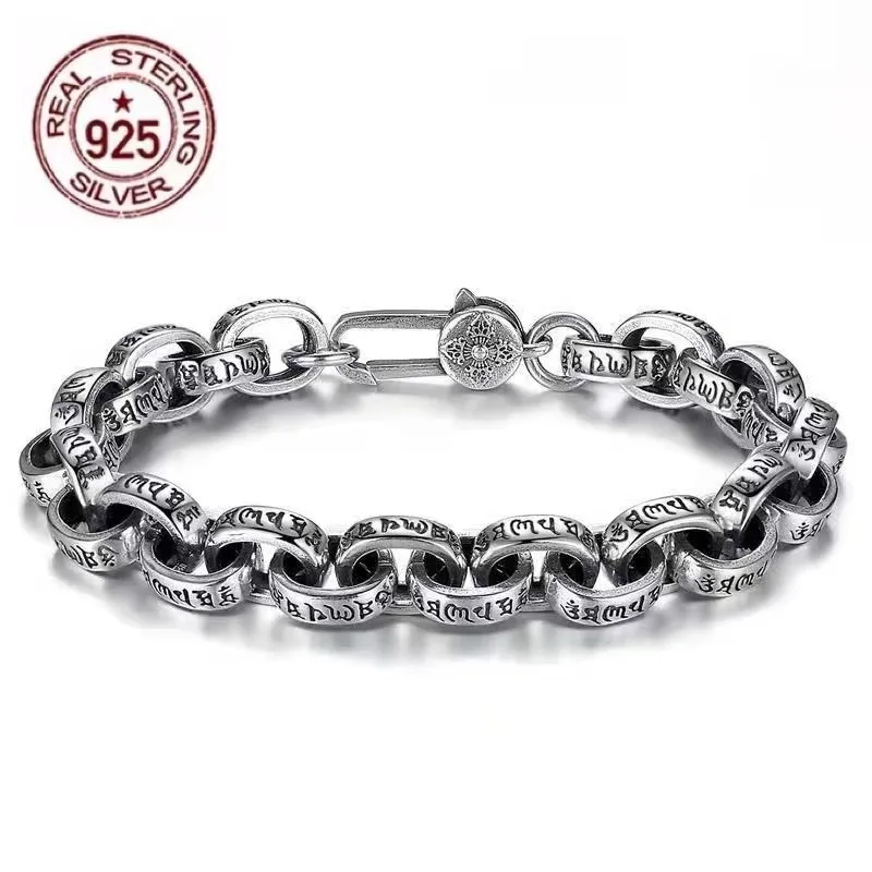 

100% Real Solid S925 Silver New Six-Character Mantra Bracelet Men Women Retro Trend Jewelry Gift for Men Bangle