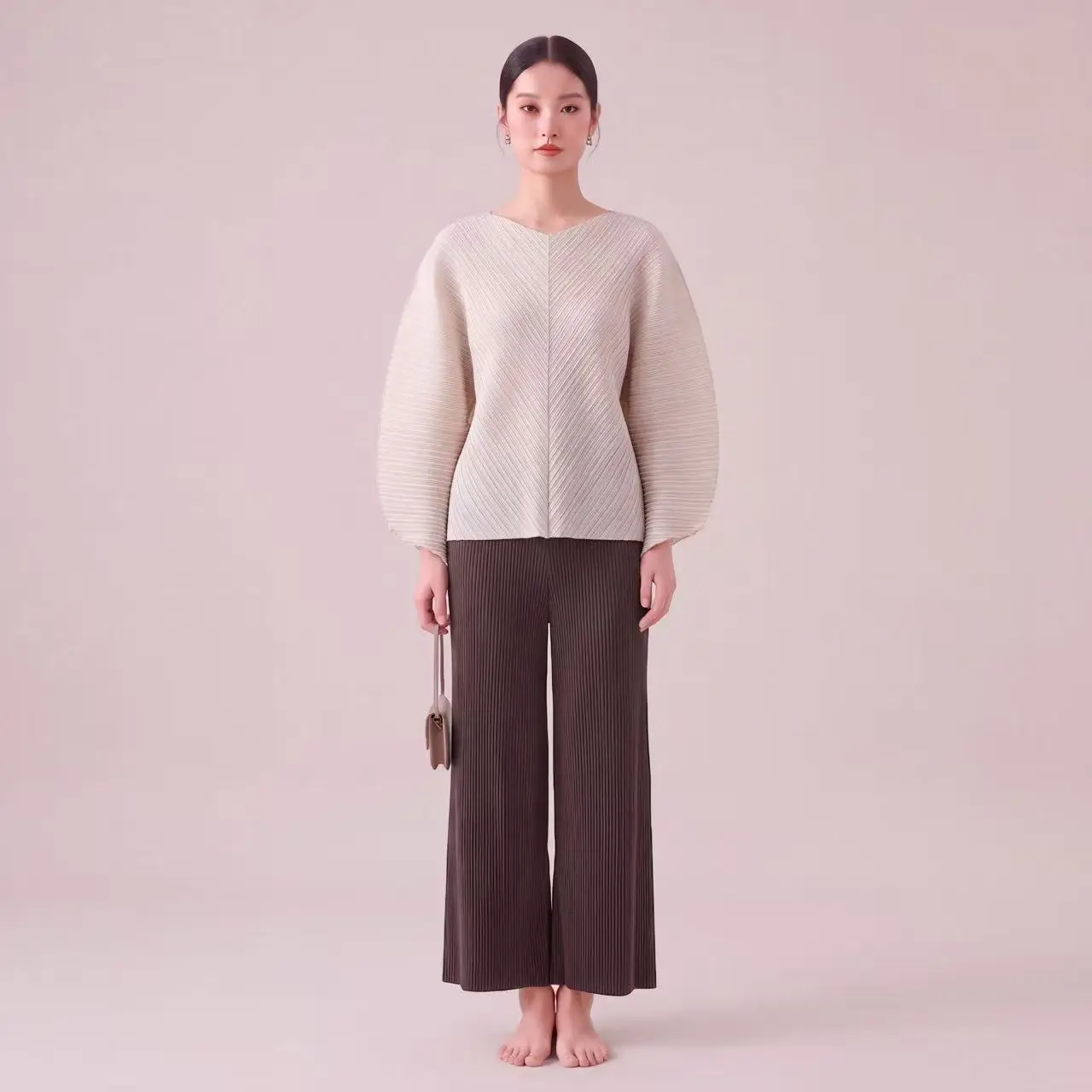 Women Beige Miyake Pleated Top V Neck Batwing Long Sleeve Loose Wrinkle Resistant Casual Blouse