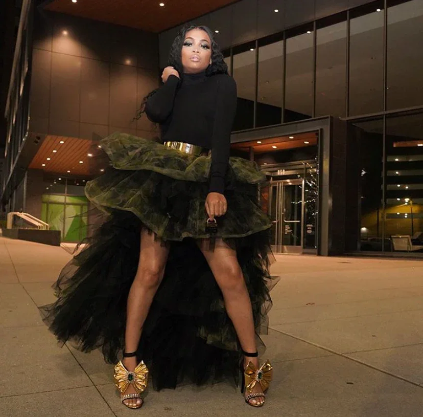 أزياء كامو الأسود توتو تنورة المرأة عالية منخفضة تكدرت مرونة الخصر تول تنورة غير متناظرة منتفخ تنورة طويلة #2