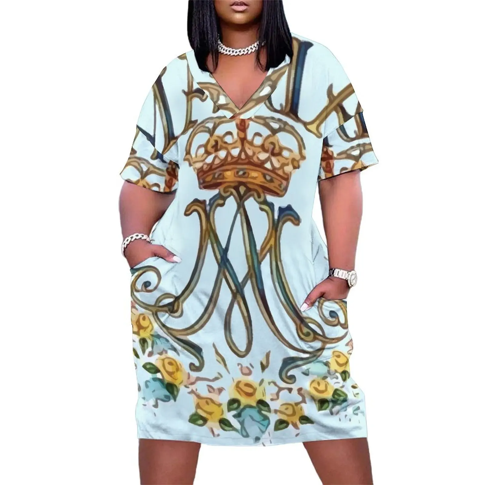 

Vintage Mother Mary Monogram Loose Pocket Dress Female clothing Women's dresses