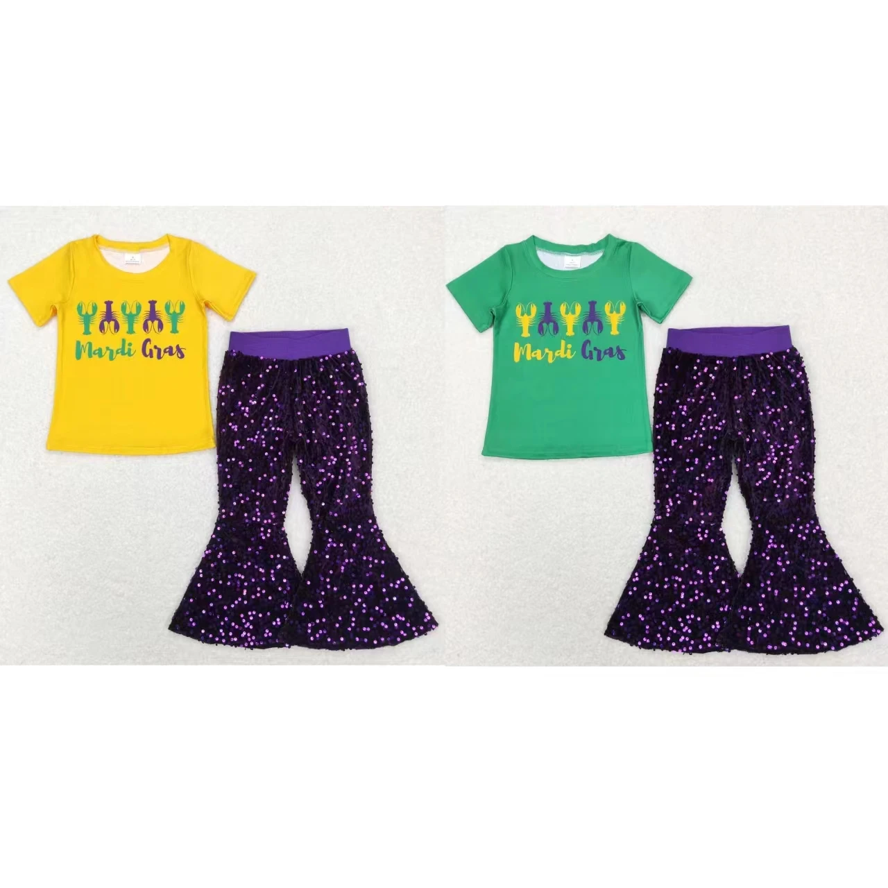 Wholesale Toddler Children Mardi Gras Set Short Sleeves Crawfish Shirt Kids Purple Sequins Bell Bottom Pants Baby Girl Outfit