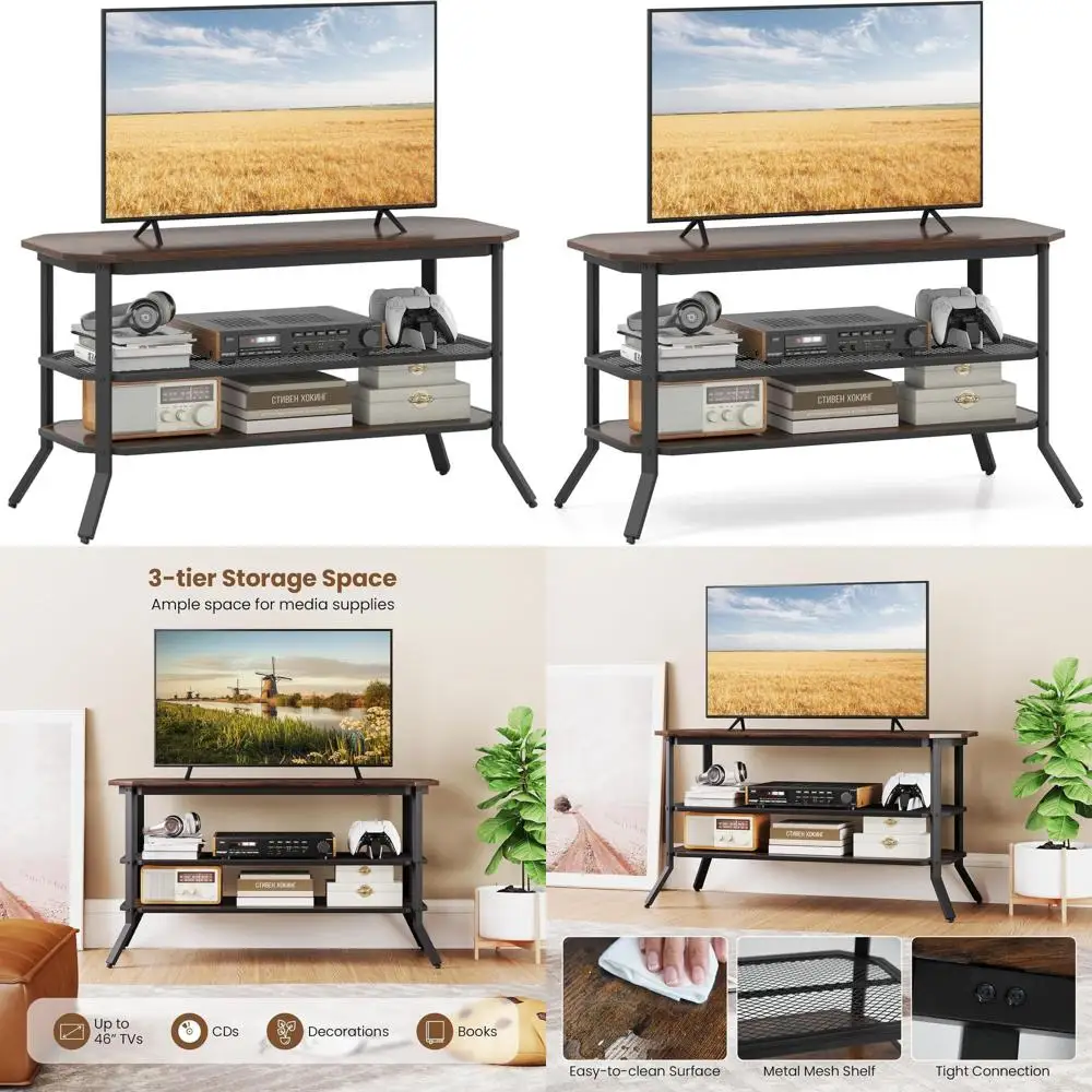 

Industrial 3-Tier Octagonal TV Stand with 2 Shelves for 46 TVs, Rustic Brown Entertainment Center for Living Spaces