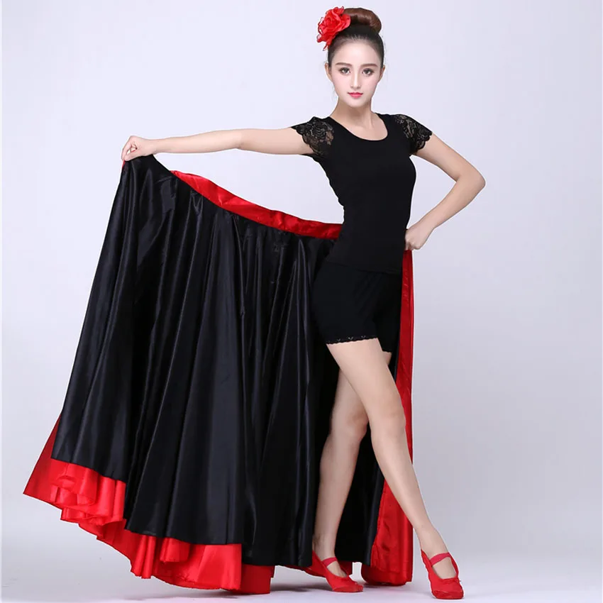 2 Sides Performance Dancing Cloth Women Red Black Hook Loop Spanish Flamenco Skirt Plus Size Female Gypsy Girls Satin Silk Dress