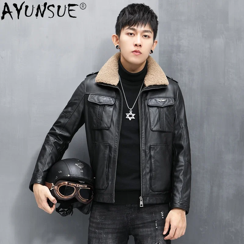 

AYUNSUE Winter Genuine Cowhide Leather Coat Male 2021 Real Wool Collar Jacket Men White Duck Down Coats Casaco Masculino Gxy795