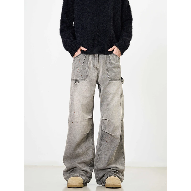 

American Sle Distred Wide Leg ey Workwear Jeans Men High Street Retro Loose Straight Waed Long Trousers