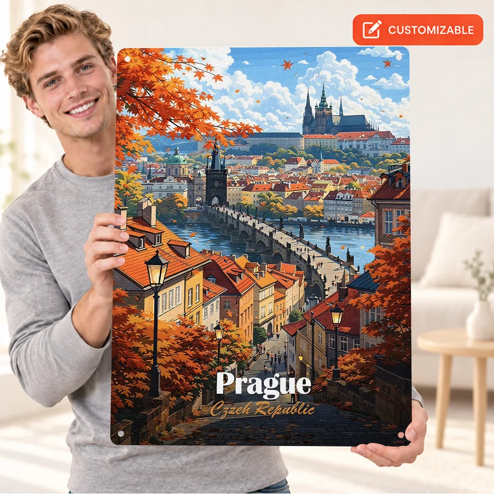 Prague In Autumn Printed Poster Retro Bold Contemporary Illustration Man Cave Wall Art Customized Aluminum Metal Sign Fan Gift
