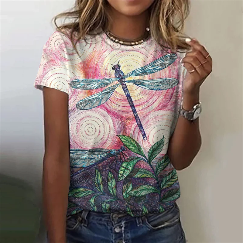 3D Printed Funny Dragonfly T-Shirt For Women Colorful Insects Graphic Tees Summer Casual O-Neck Tops Short Sleeve Loose T Shirts