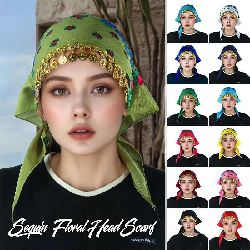 

Women Floral Print Hijab Head Scarf Girls Headband Sequin Tassel Scarves Female Short Kerchief Headband Cosplay Accessories