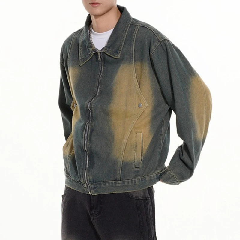 

Мужская джинсовая куртка в американском стиле с потертостями High Street Tie-Dye, модная брендовая ретро-красивая свободная повседневная куртка на молнии в стиле хип-хоп