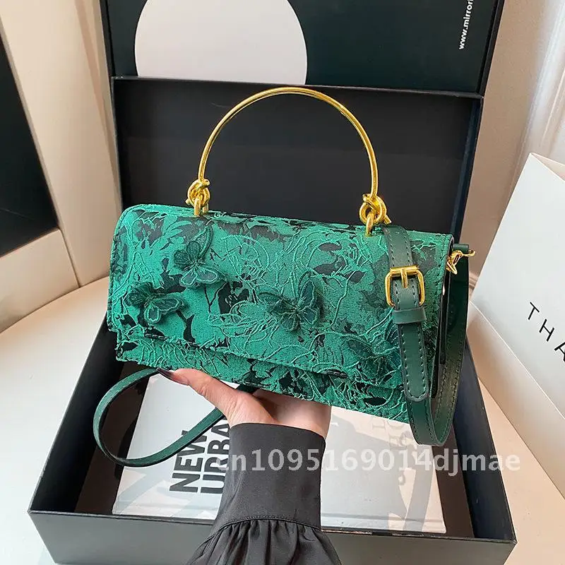 

New 2025 Mori Sweet Girl Fashion Lace Butterfly Shoulder Bag Stylish Chain Detail Small Square PU Trendy Vintage European Style