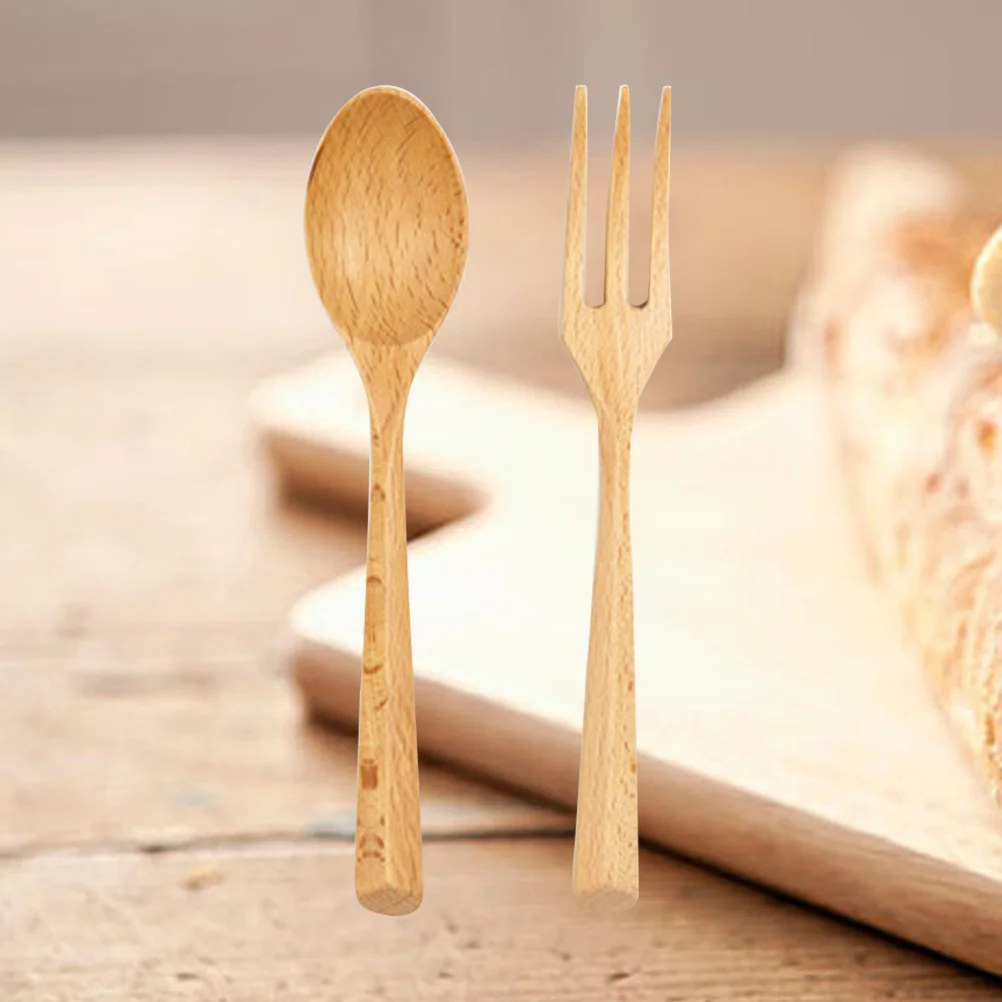

2Pcs Beech Spoon Fork Set Wooden Tableware Smooth Handle Portable Food Serving Cutlery Kitchen Dining Essentials