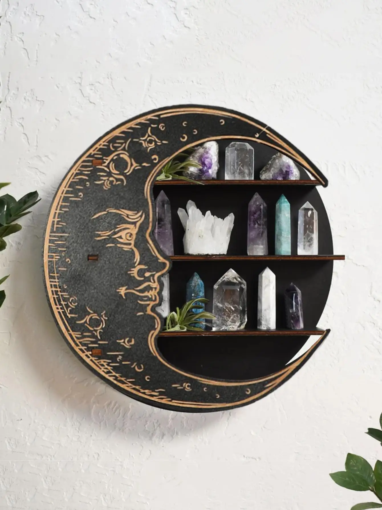 3-tier Black Moon Round Wooden Storage Rack Crystal Shelf Display Modern Home Decoration Essential Oil Rack Floating Wall Shelf