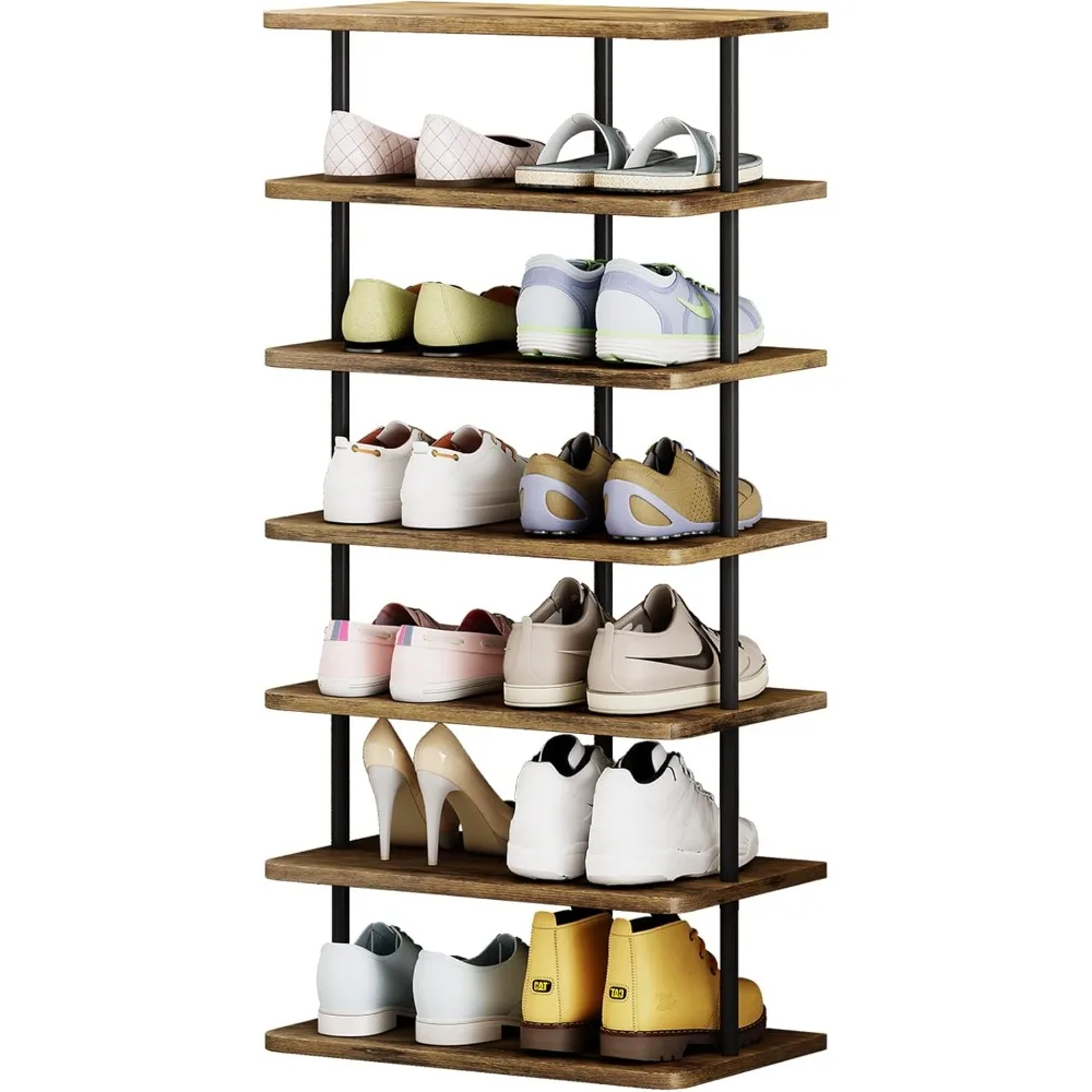 

Vertical Storage Organizer Double Row Narrow Metal Slim Shelf Modern Free Standing Shoe Tower Saving Space