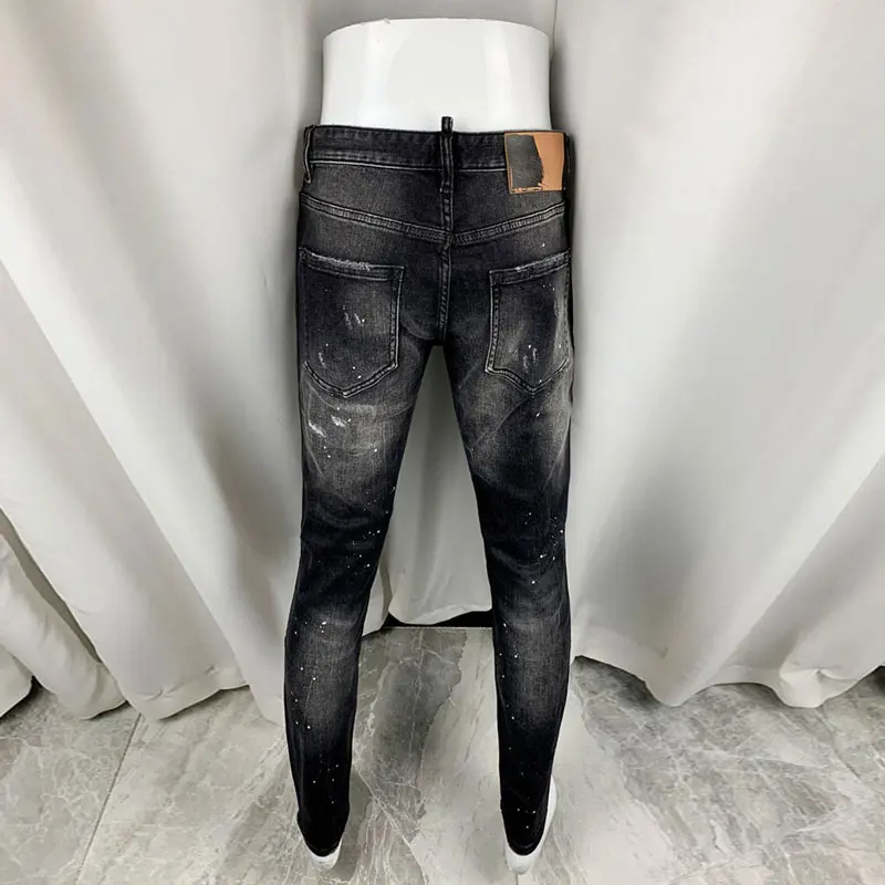 Designer High Street Fashion New Men's Black Jeans Washed Nostalgic Stretch Slim Fit Piercing Painted Jeans Hip Hop Brand Pants