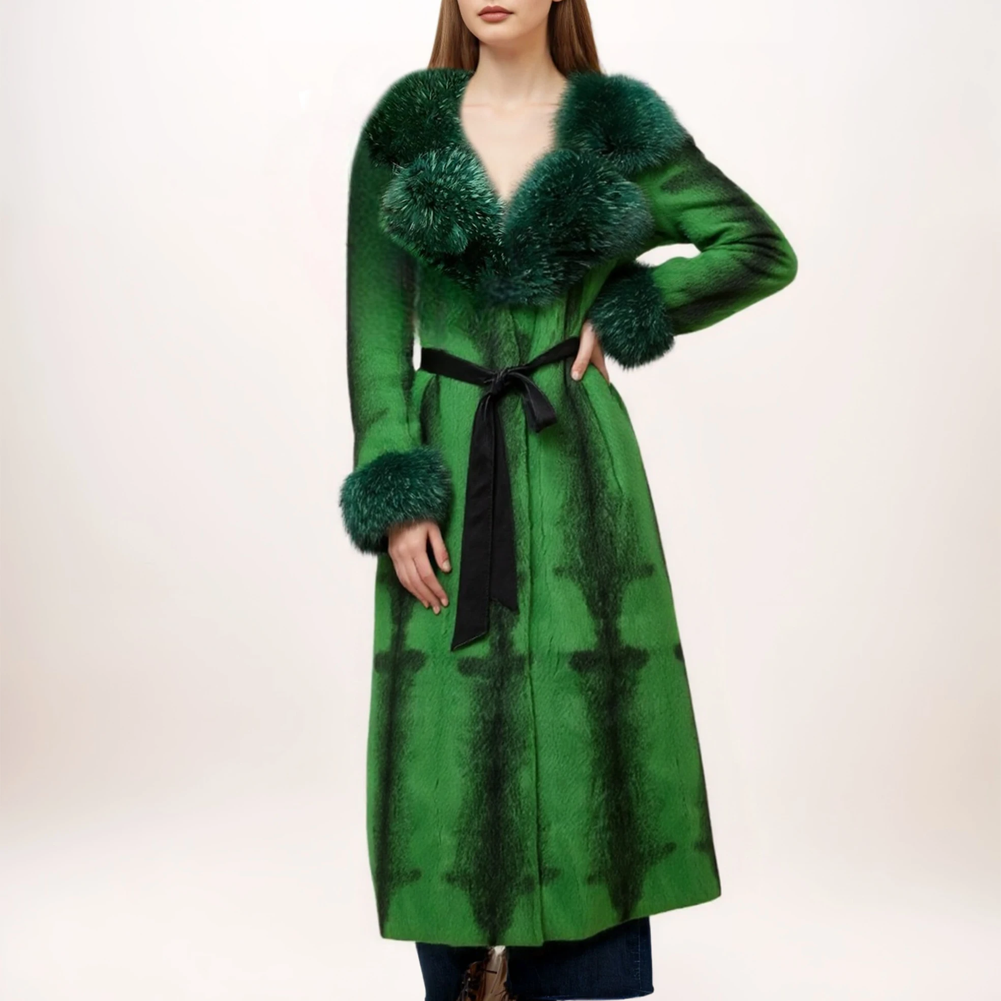 معطف فرو أرنب حقيقي للنساء سترة طويلة من الفرو مع ياقة كبيرة من فرو الثعلب وأكمام أساور عصرية ملابس الشارع