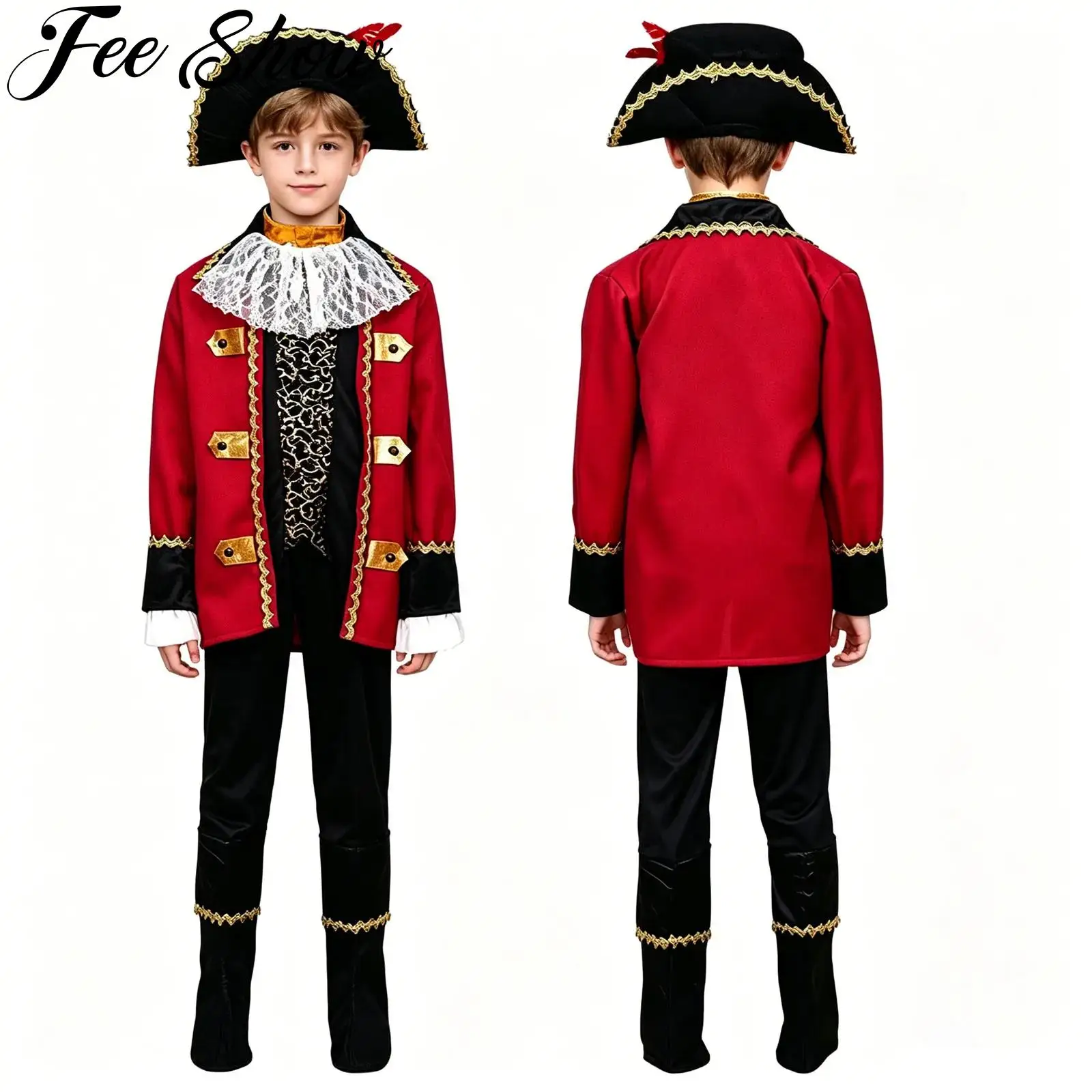 Kids Boys Girls Medieval Renaissance Victorian Colonial Pirate Captain Cosplay Costume Lace Collar Vest with Jacket Pants Hat