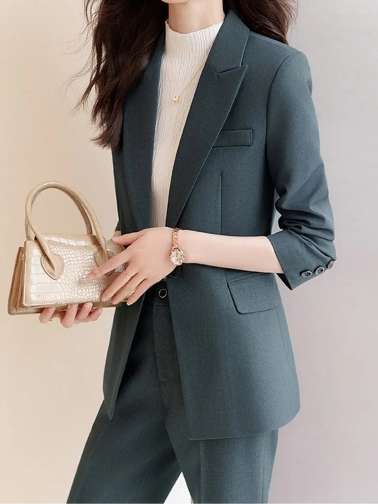 Women Vintage Formal Business Solid Trousers Suit Casual Elegant Slim Blazer Jackets and Pants Two Pieces Set Female Pantsuits