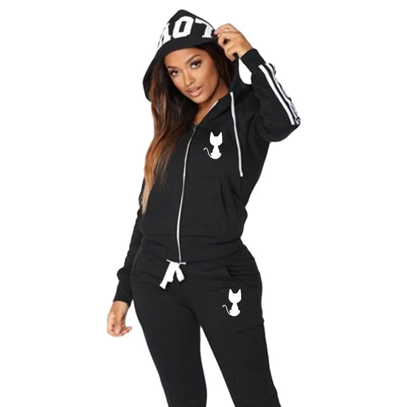 New Cat Print Trendy Ladies Zipper Jackets and Sweatpants High Quality Womens Casual Sports Brand Hoodie Set