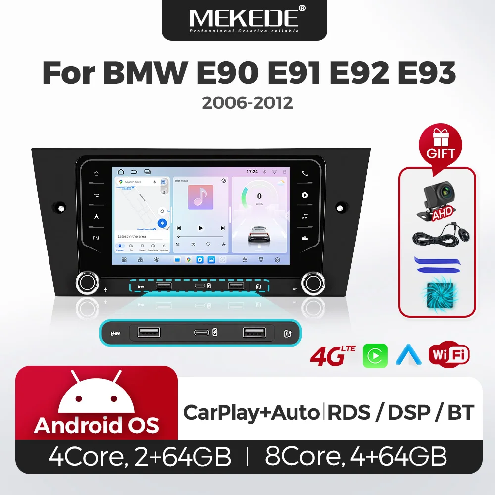 MEKEDE 7" IPS Wireless Carplay Bildschirm Autoradio Android Auto Multimedia-Player für BMW 3er Serie E90 E91 E92 2Din Autoradio USB Typ-C FM Stereo GPS Navigation 4G LTE DSP