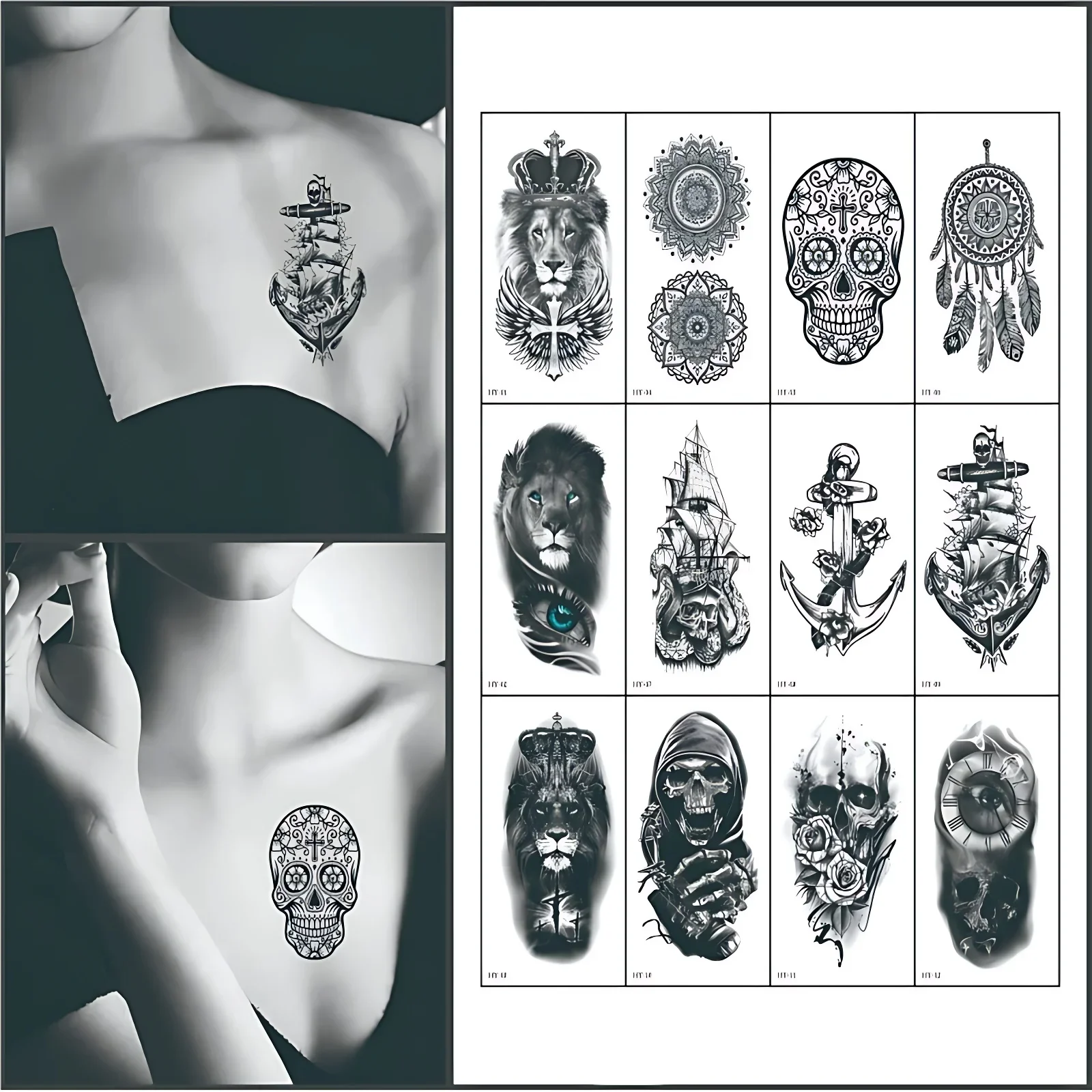 12PCS Temporary Tattoo Women Men Black Cool Lion Skeleton Pirate Dreamcatcher Big Transfer Tattoos for Chest Back Hand Forearm