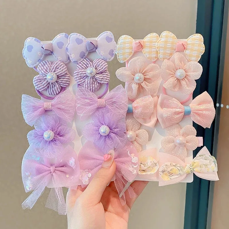 8 Pcs/Set Flower Bow Children\'s Elastic Hair Bands Lace Mesh Girl Hair Clips Sweet Princess Barrettes Baby Hair Accessories