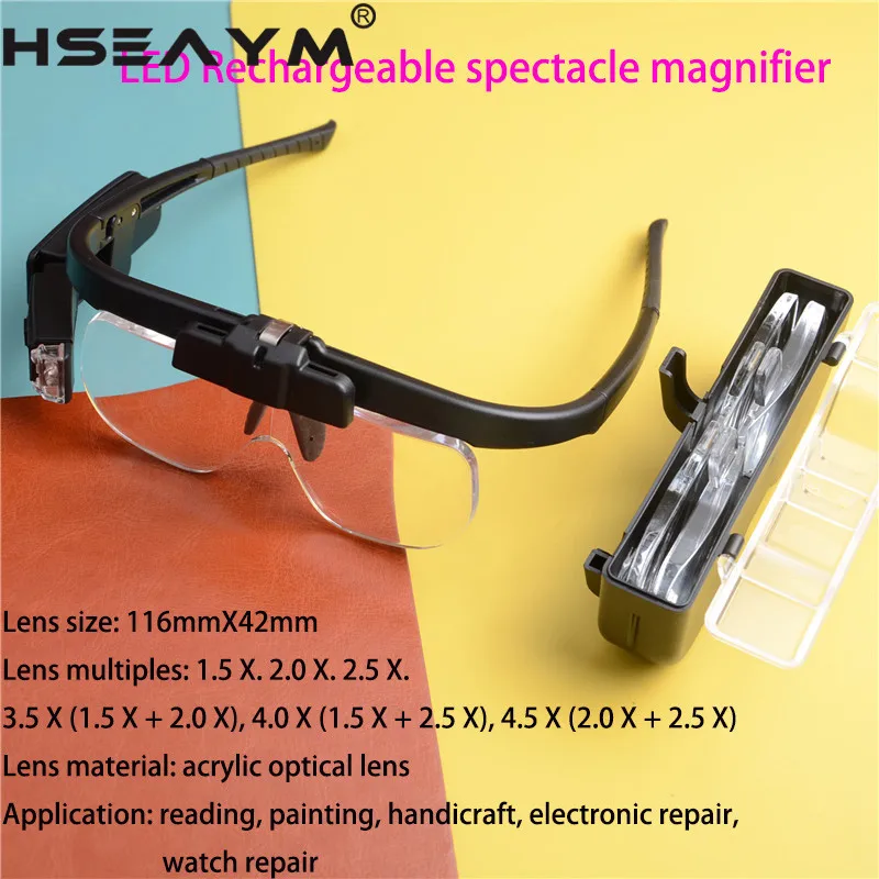 

Rechargeable Glasses-type Headband LED Wearing Magnifier Replaceable Optical Lens Repair Clock Reading Loupe Magnifying Glass