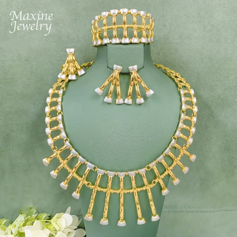 

Exaggerated Geometric Chunky Choker Dubai 18K Gold Plated Jewelry Set Necklace Earring Bracelet Ring Bridal Wedding Party Gifts
