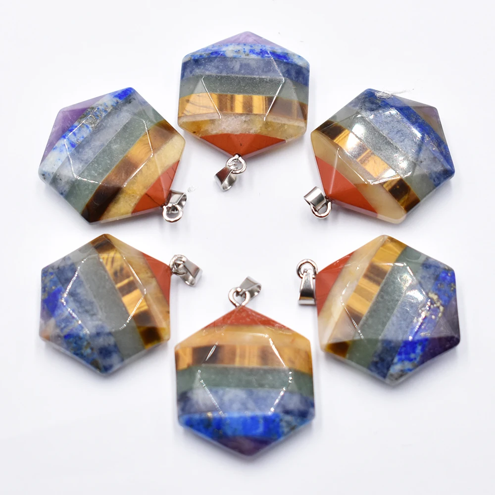 

7 chakras Natural stone Necklace Pendant Polygon Shape Pendant for Jewelry Making DIY Necklace Wholesale 5pcs/lot free shipping
