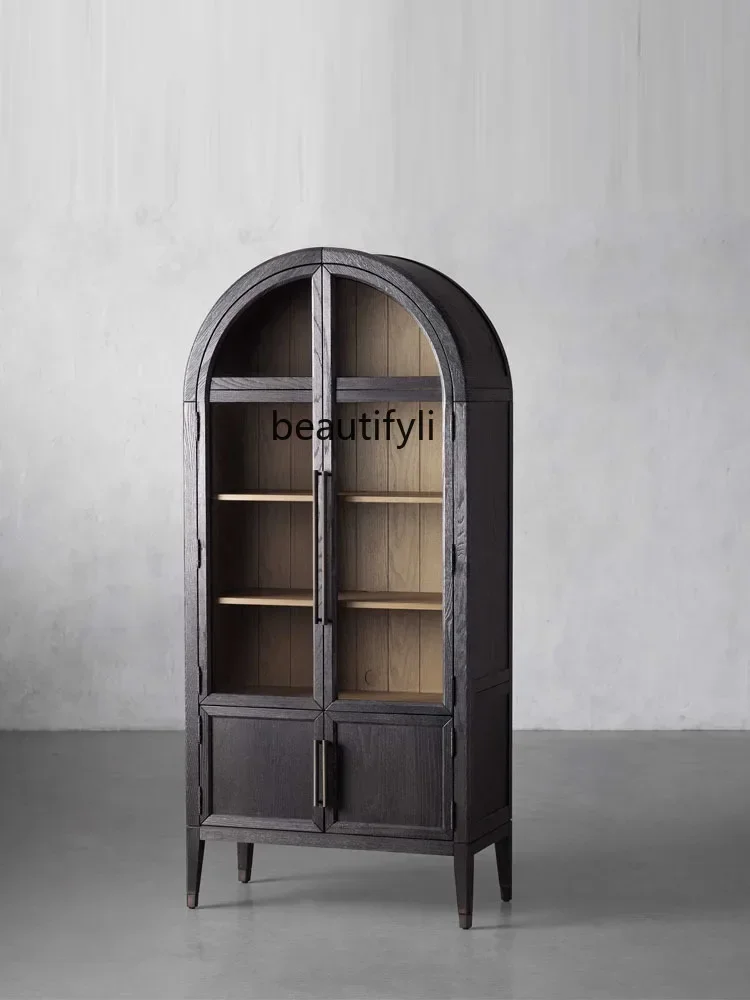 

xzArched Bookcase French Retro Glass Door Storage Dining Side Wine Cabinet Black Mid-Ancient Bookshelf