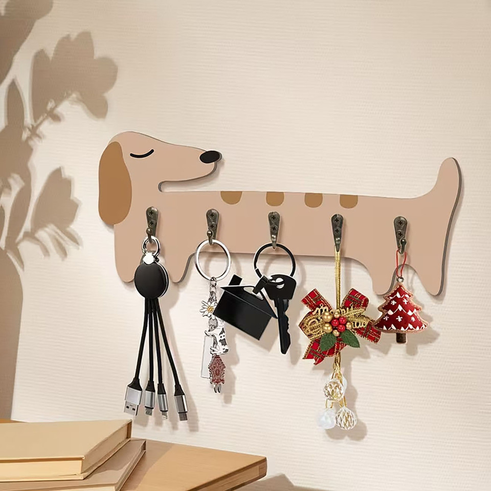 Wooden Sausage Dog Key Holder Wall Decor 2D Flat Print Wall Mount Key Rack for Entryway Home Decoration