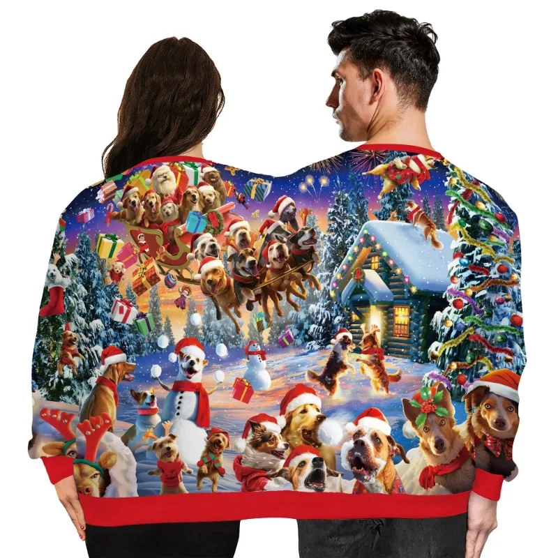 Teanoon  Christmas Funny Sweater Hoodies Holiday Spoof Couples Double Pullover Autumn Winter Novelty Two Piece Christmas Sweater