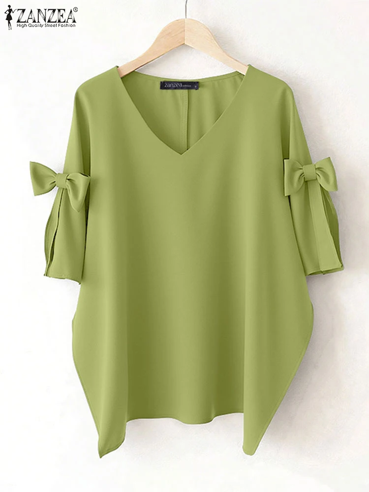 ZANZEA-Tops elegantes para mujer, blusa con lazo, informal, holgado, con cuello en V, Túnica de trabajo OL, moda 2021, Blusas de media manga de Color sólido para verano