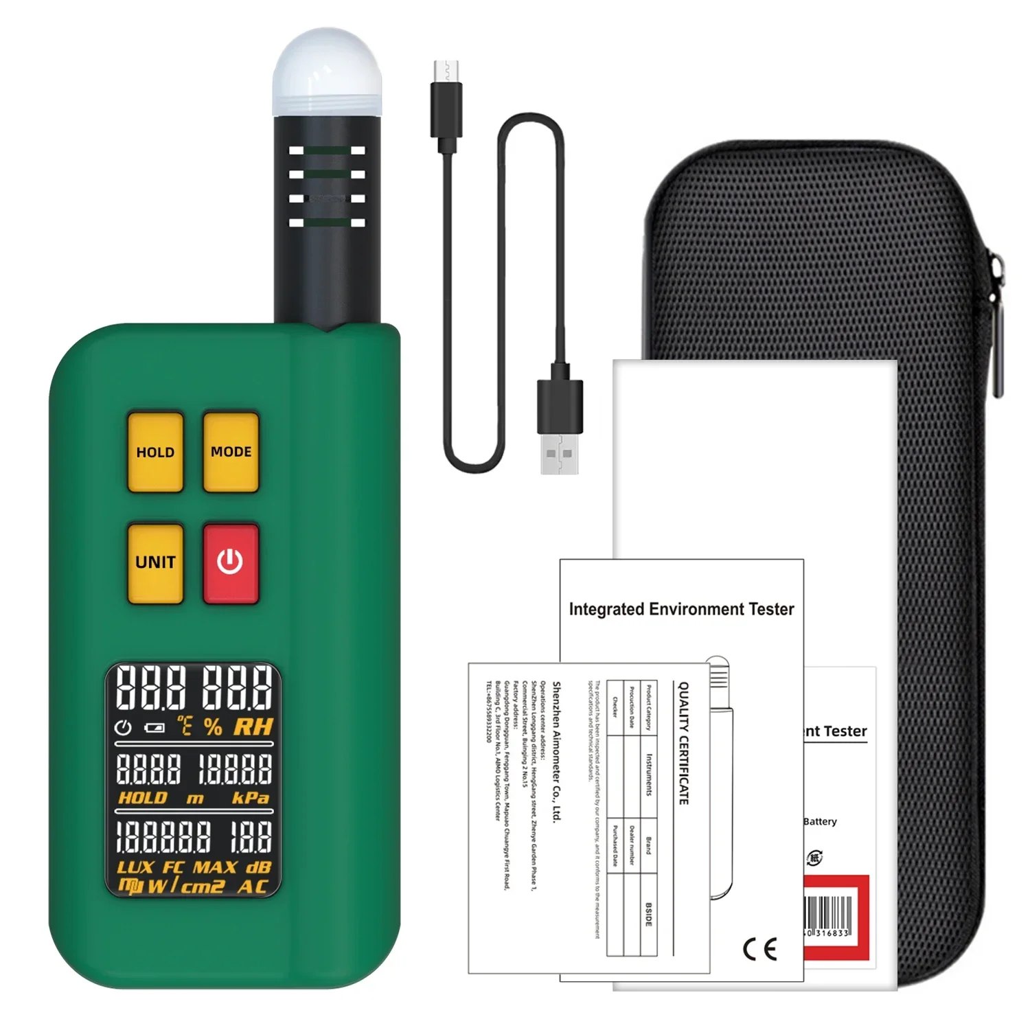 Detector ambiental integrado avanzado BSIDE GX1 para análisis de altitud y presión barométrica de temperatura, humedad y ruido Lux