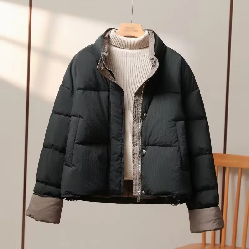Color Block Short Cotton Jacket Stand Collar Loose Fit Thick Winter Outerwear for Small Stature Women Trendy Korean Style