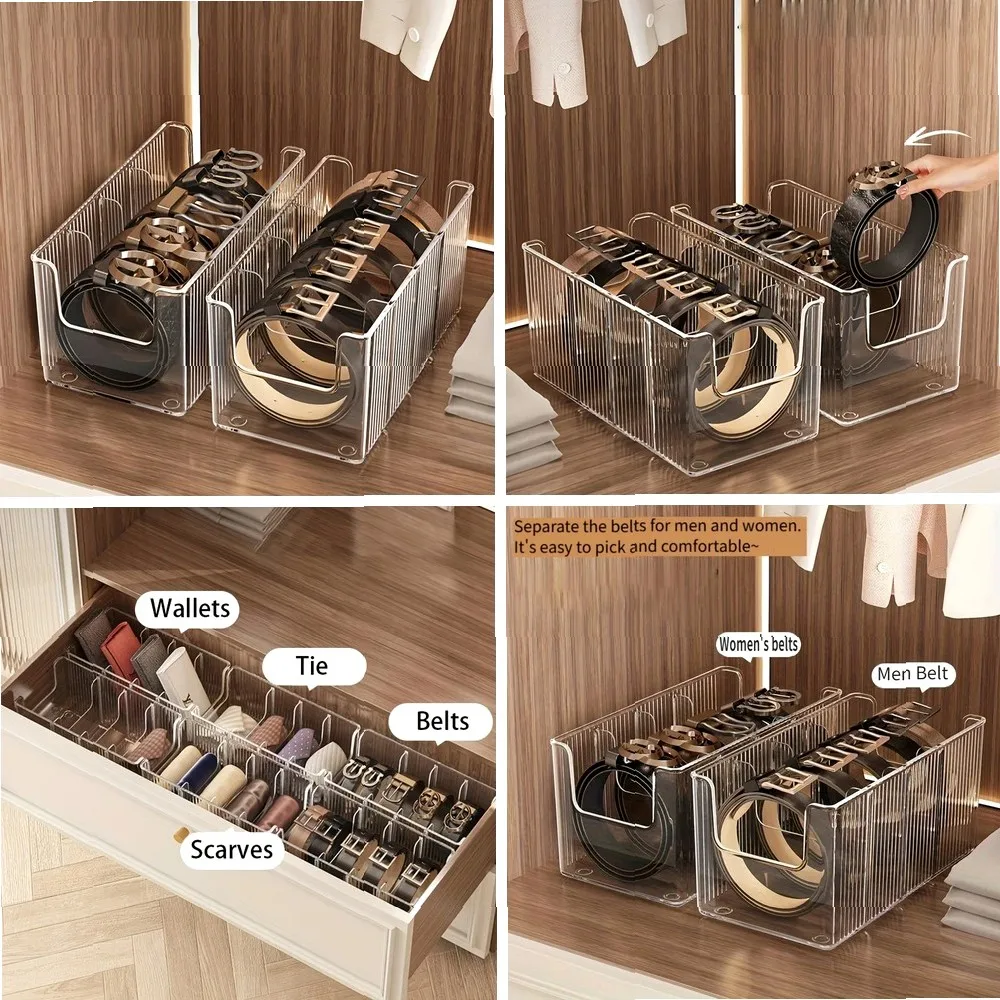 

Transparent Plastic Belt Organizers and Detachable Compartments - Stylish Wardrobe Storage Boxes for Belts, Scarves and Ties