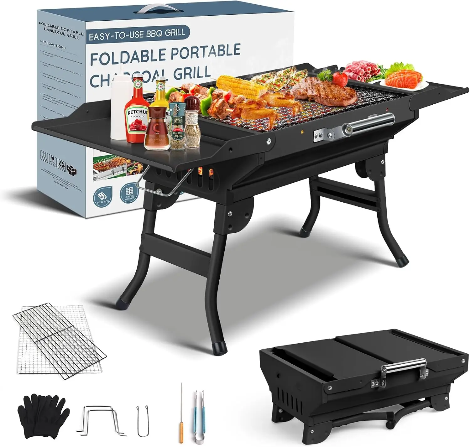 

Portable Foldable Charcoal Grill for Camping, Travel, Outdoor Cooking - Black
