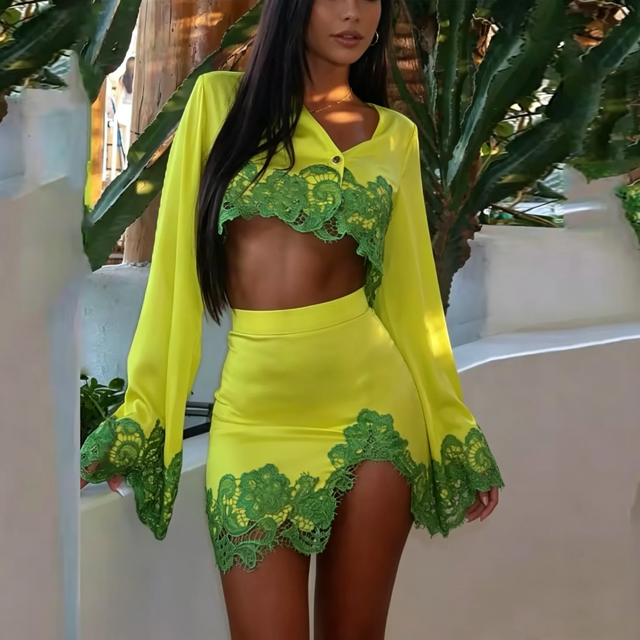 Bright Yellow Green Lace Patchwork Long Sleeve Crop Top Mini Skirt Set Sexy Clubwear Vacation Evening Gowns