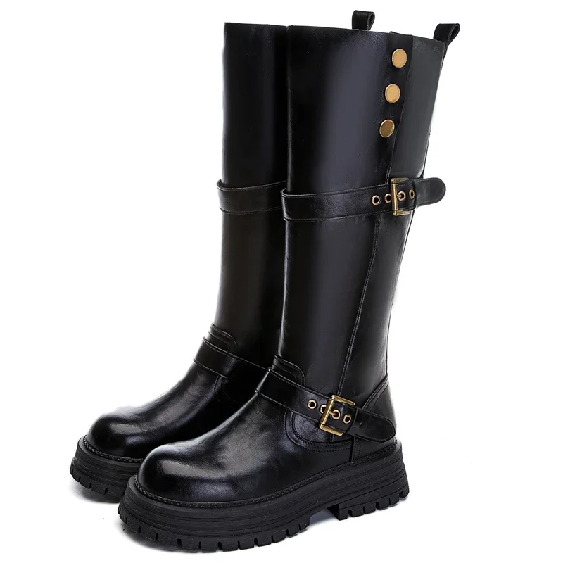 AUTUSPIN Retro Ridder Lange Laarzen Vrouwen Winter PU Leer Ronde Neus Schoenen Street Style Dames Tij Metalen Knop Warme Pluche Laarzen