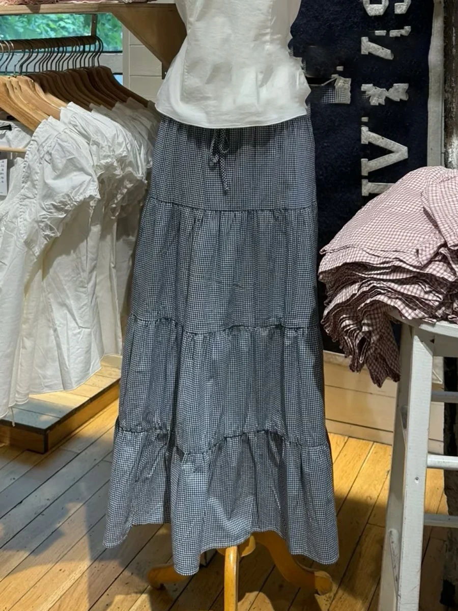 

Черная клетчатая длинная юбка на шнурке, женская летняя эластичная талия на шнуровке трапециевидной формы Faldas Bottom, милые винтажные повседневные макси-юбки, новинка