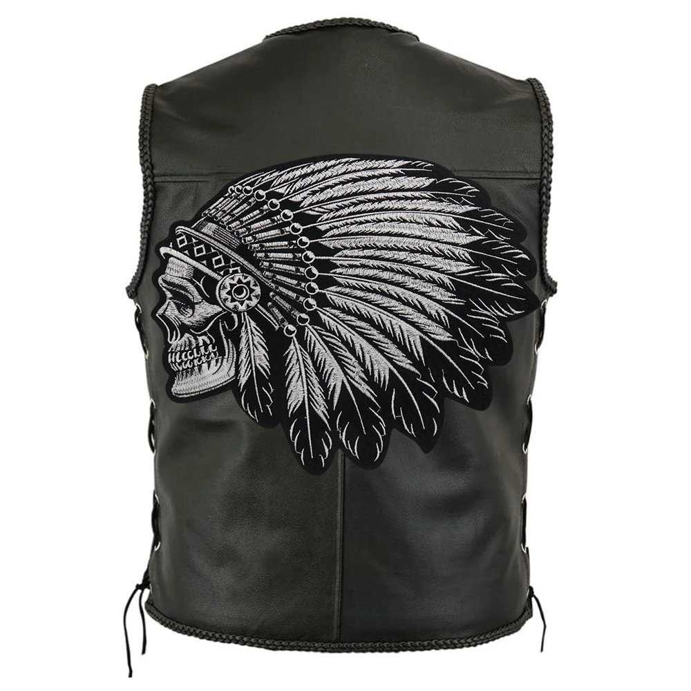 Feathered Indian Head Death Skull Embroidered Iron on Patch Embroidery Native Ethnic Retro Skeleton Applique Badge Accessories
