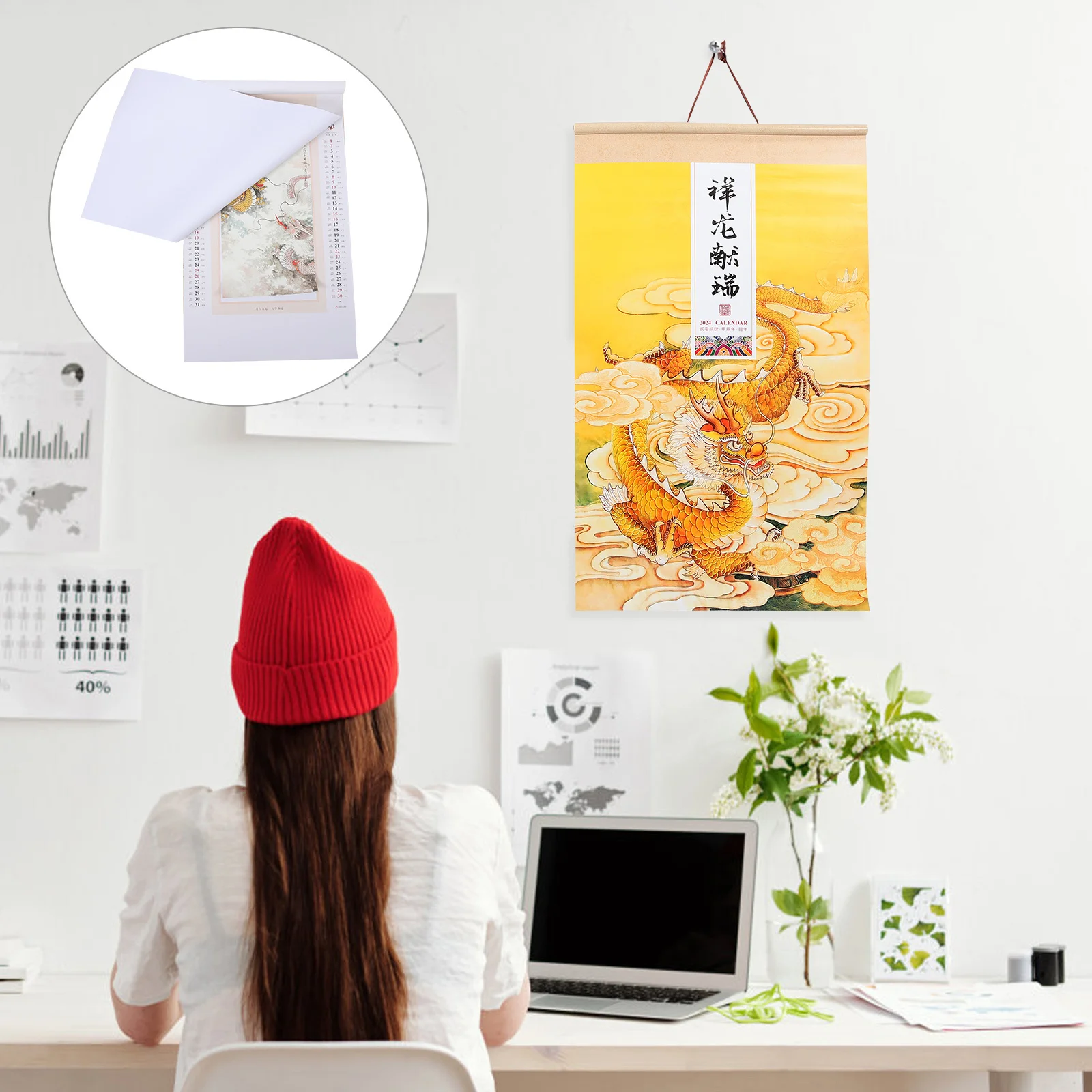 Chinese Paper Hanging Calendar 2024 Traditional Lunar Year Wall Calendar Dragon Zodiac Scroll Decoration New Year Gift