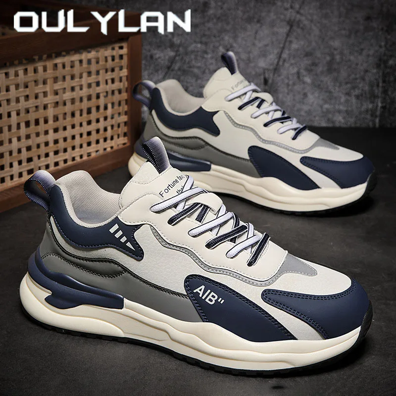 

Autumn Men's New Casual Sneakers Leather Splicing Color Sportshoes Korean Style Stylish Men Shoes Outdoor Anti-Slip Femaleshoe