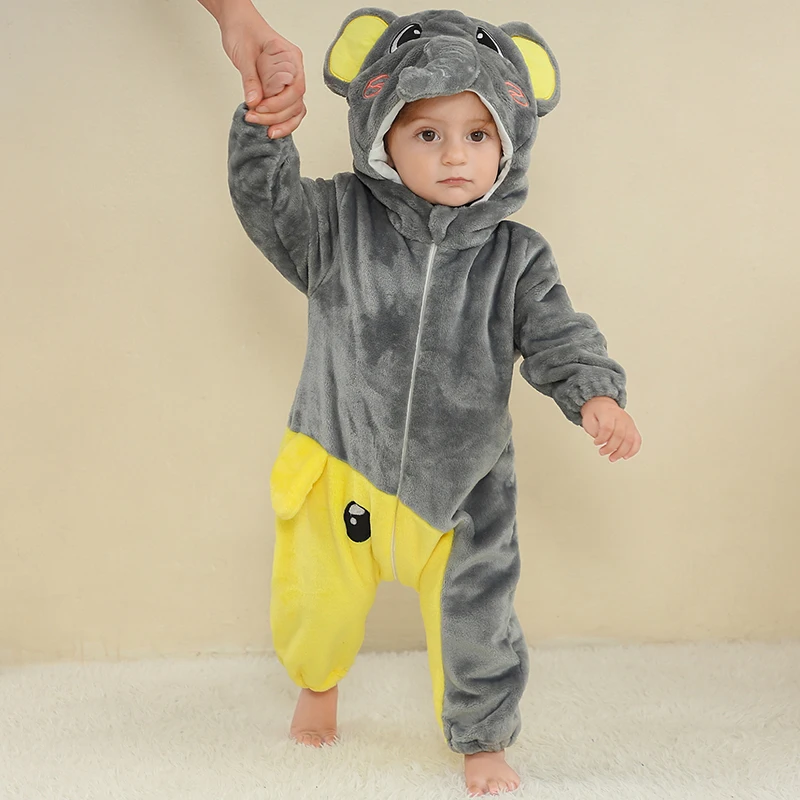 MICHLEY Halloween Elephant Winter Baby Rompers Clothes Costume Flannel Hooded Bodysuits Pajamas Animals Jumpsuit For Boys Bebe