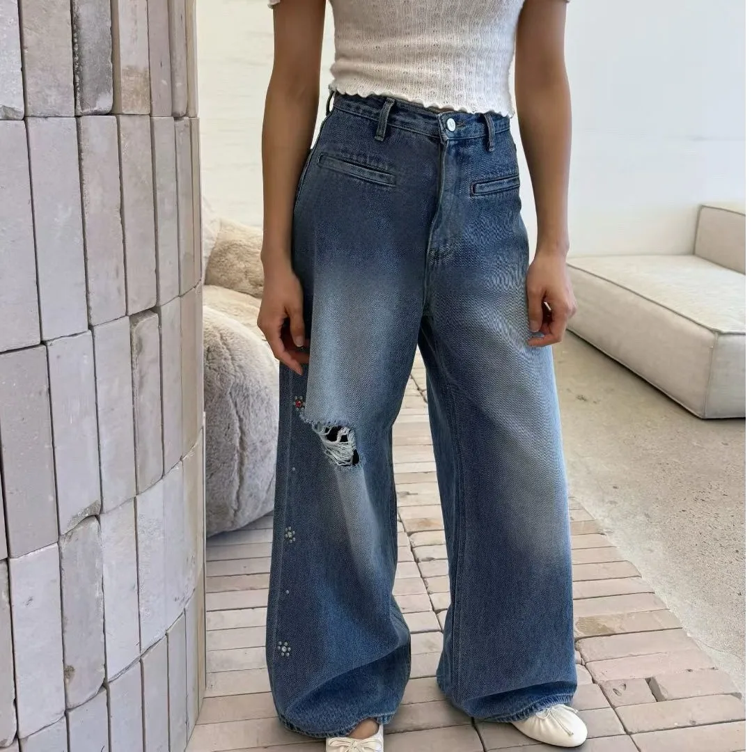 

Джинсы с высокой талией и широкими штанинами, женские повседневные брюки, весенний новый дизайн, модные женские джинсы с ромбовидными отверстиями в стиле ретро