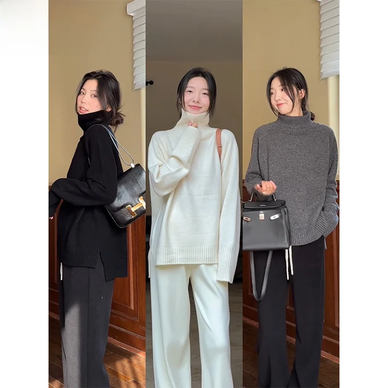 

Full Wool Thi High Collar Women's Sweater Loose Winter Faion Versatile Cozy Knitwear Commute Sle Long Sve Crew Ne
