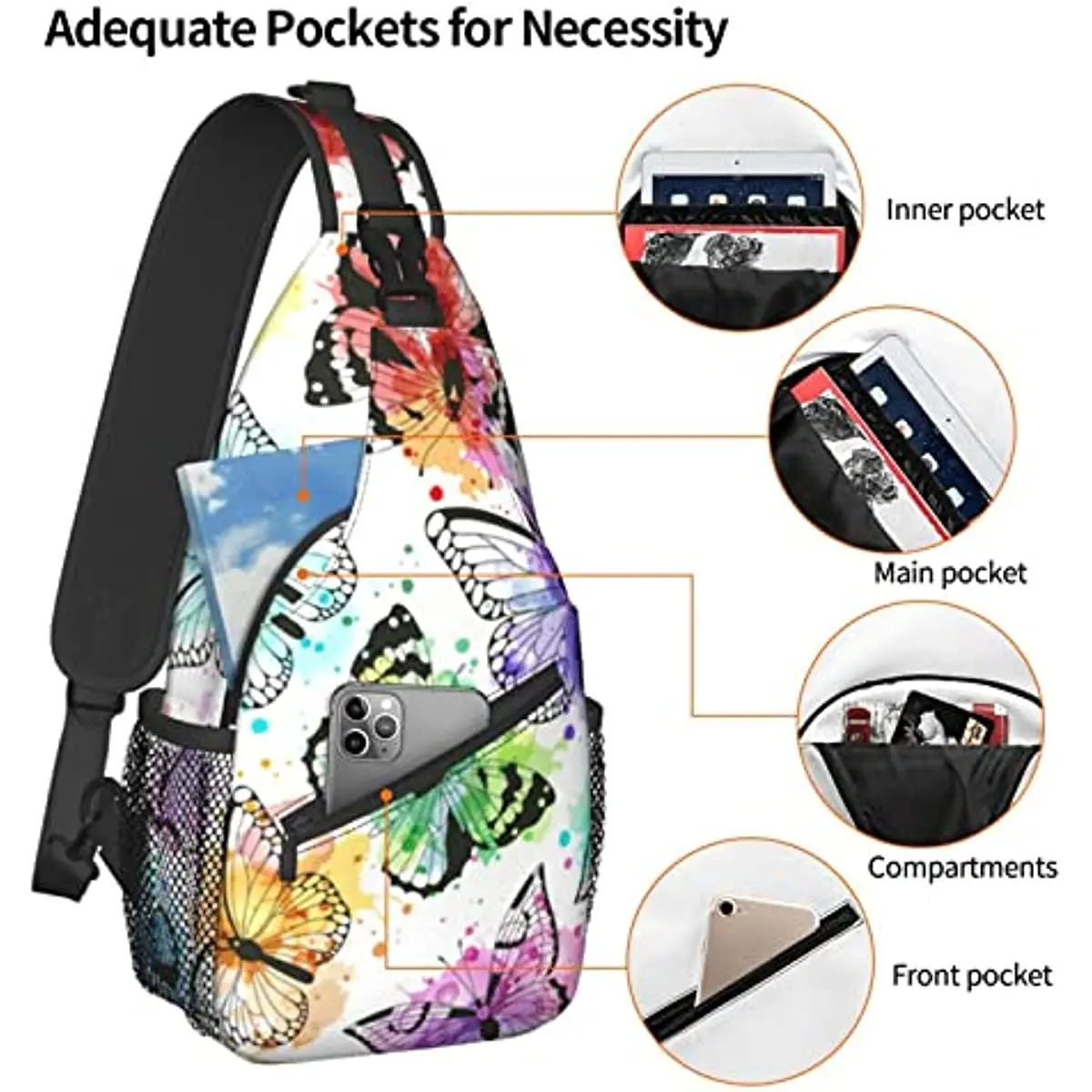 Akwarela motyl torba z paskiem do noszenia na piersi Crossbody plecak na ramię regulowana lekka podróż wędrówka Casual Daypack mężczyzn kobiet