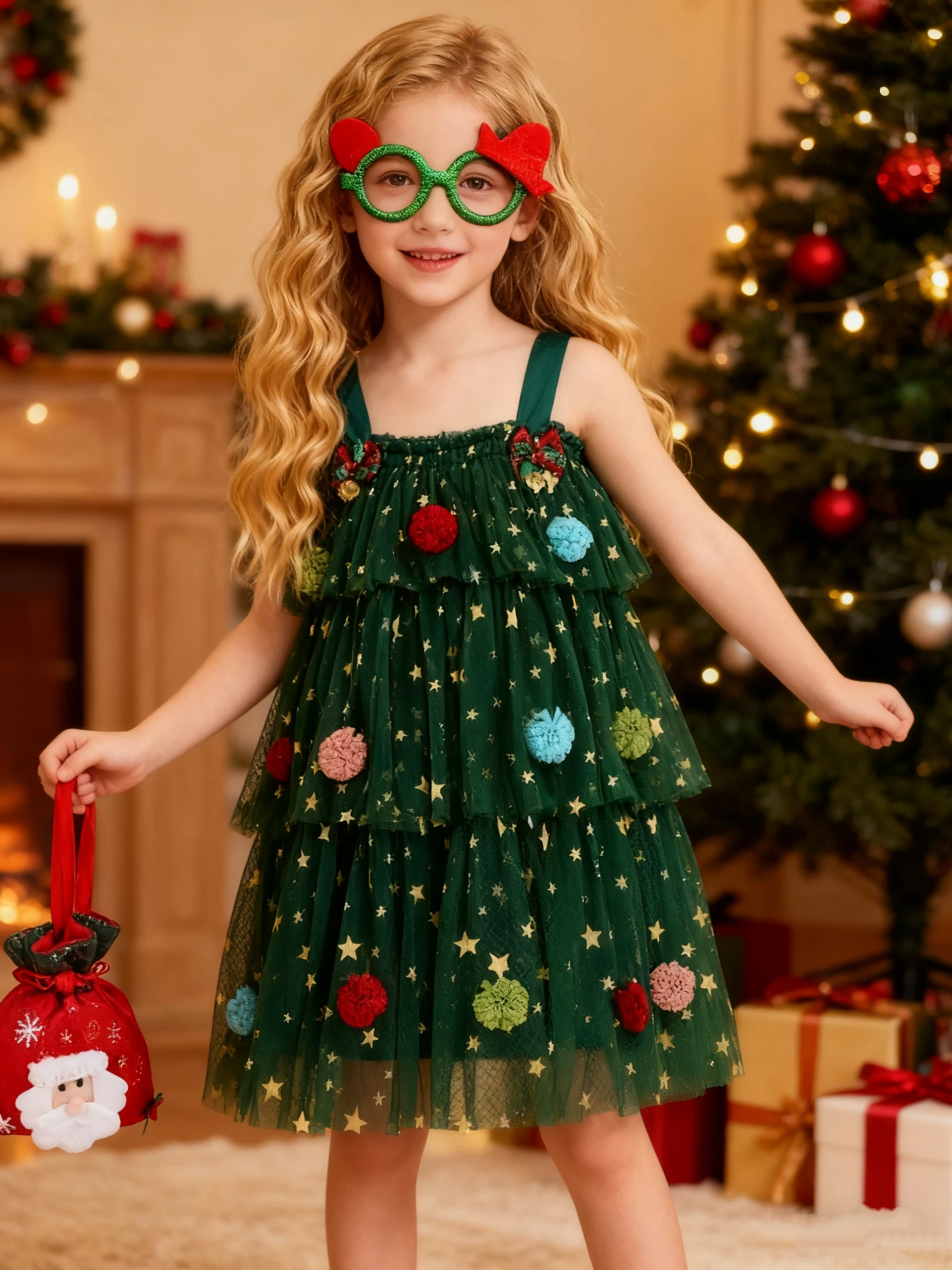 New Christmas Girls' Dress, Winter Green Star Mesh Sleeveless Camisole Skirt, Bow Decoration, Hair Clip Bag Glasses Set 3-10y